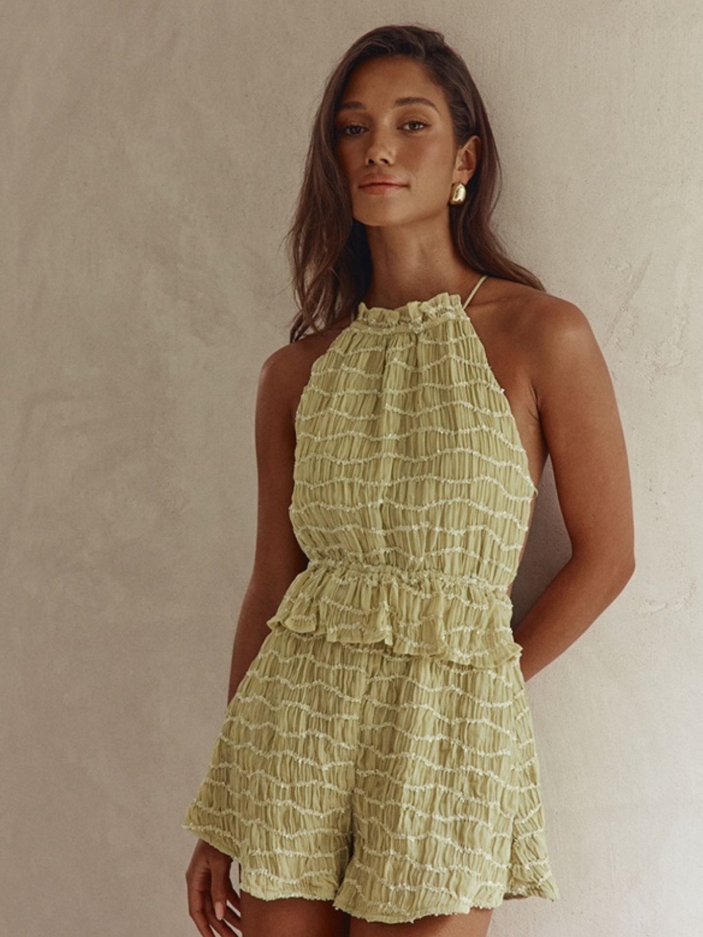 Linen-Texture Halter Romper Dress in Light Olive